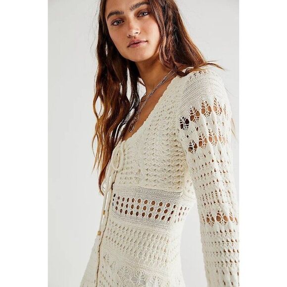 NEW FREE PEOPLE Sz XS SEDONA CROCHET MINI DRESS IVORY - Picture 4 of 4